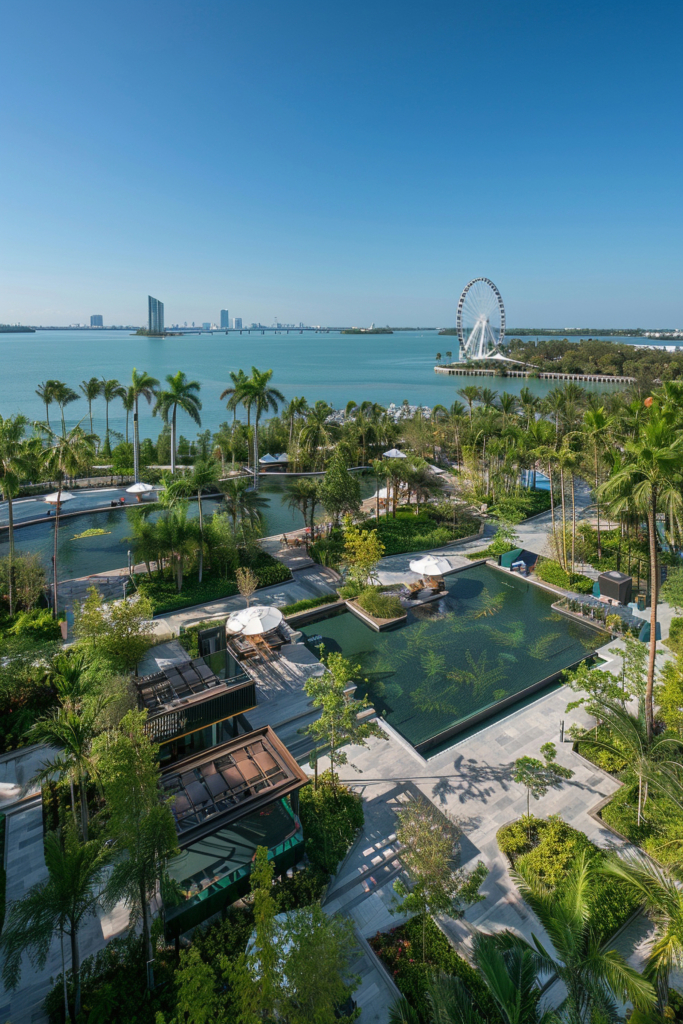 Scenic landscape view of Miami Bayside with waterfront buildings, palm trees, marina, and high-rise towers under a bright blue sky.
