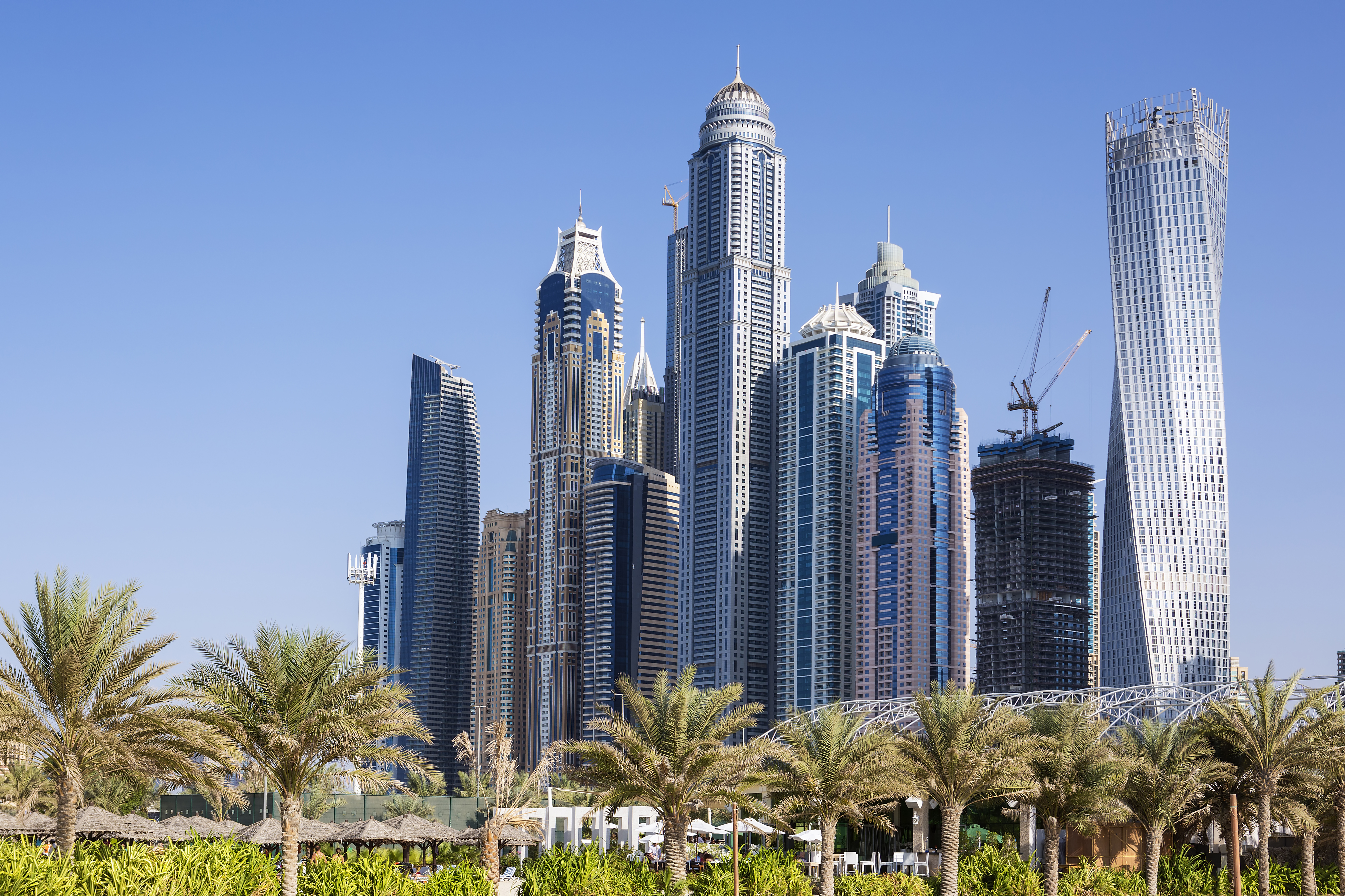 Dubai skyline with modern skyscrapers and palm trees under a clear sky, representing luxury real estate and urban lifestyle in the UAE.